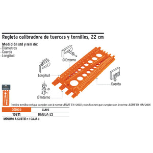 REGLETA CALIBRADORA DE TUERCAS Y TORNILLOS, 22 CM REGLA-22