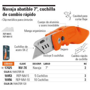 NAVAJA ABATIBLE, CUCHILLA DE CAMBIO RAPIDO, Y CORTADOR DE FLEJE NV-7X 17025 TRUPER