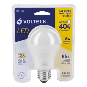 LÁMPARA DE LED, A19, 6 W, LUZ CÁLIDA VOLTECK COD. 46857