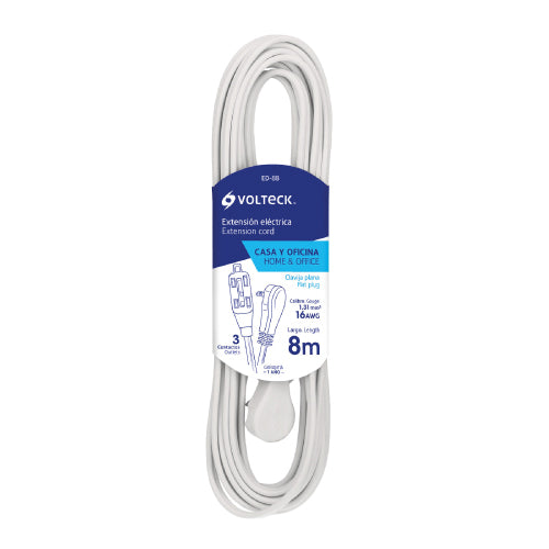 EXTENSION ELECTRICA DOMESTICA CON CLAVIJA PLANA 8M BLANCA VOLTECK ED-8B